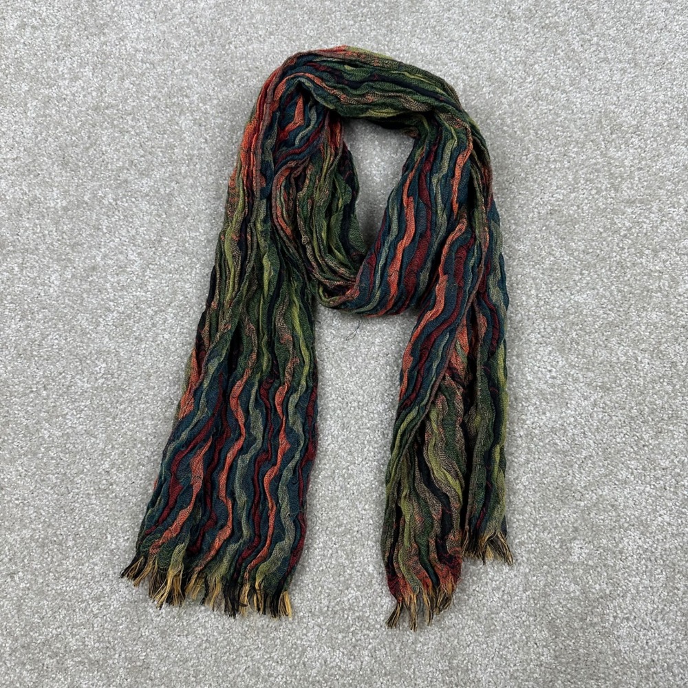 Multi Color Wavy Textured Knit Scarf Green Orange Striped Crinkle Fringe Trim